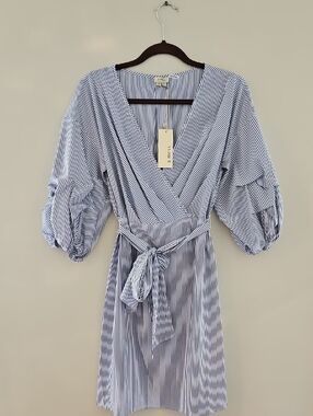 a.moss Blue and White Striped Wrap Dress with Puff Sleeves